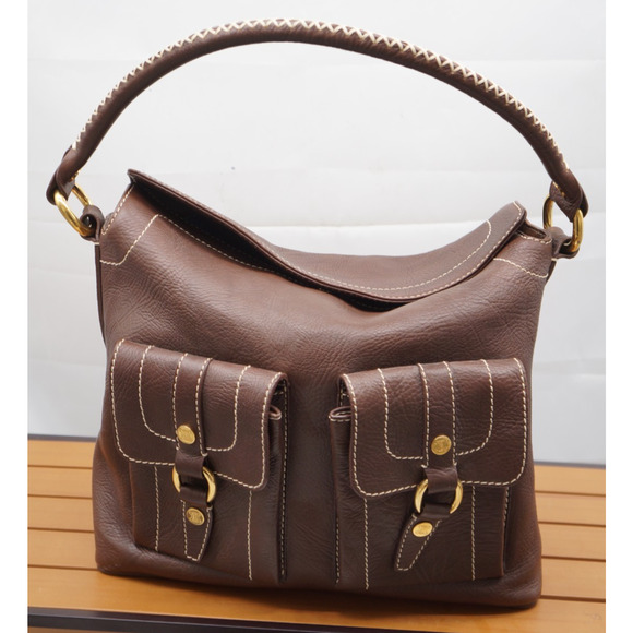 CELINE Vintage Shoulder Bag Brown Leather Gold Triomphe Fold over Handbag - Picture 1 of 13